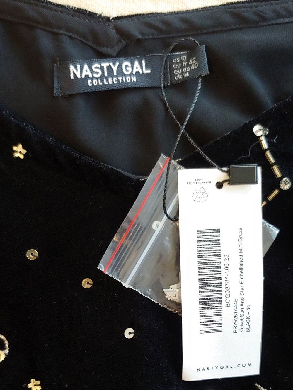Nasty Gal Black Velvet Celestial Sequin Tank Mini Dress Women's size 10 NWT - Picture 5 of 16